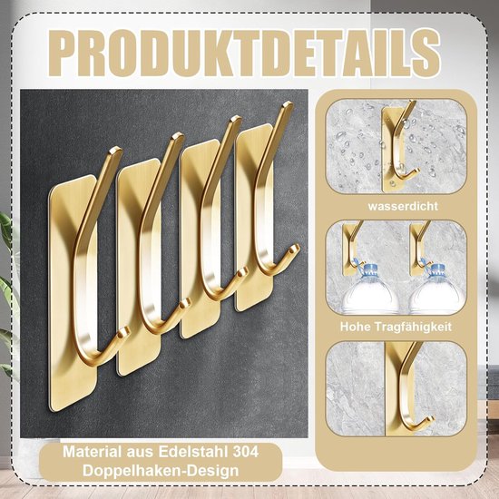 Haken，4 Stück，selbstklebende Haken，handtuchhalter Für Bad Und Küche，kleine Handtuchhaken，badezimmerhandtuchhaken，gold