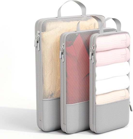 Kompressions-packwürfel-set – Transparentes Netzgewebe, Faltbar, Doppelreißverschluss, Für Koffer Und Rucksack (grau)