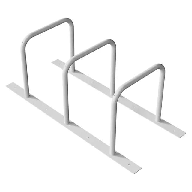 Schake Fahrradanlehnständer drei Anlehnbügeln, Ø48mm verschweißt auf Flacheisen 100x8mm, 1800mm lang