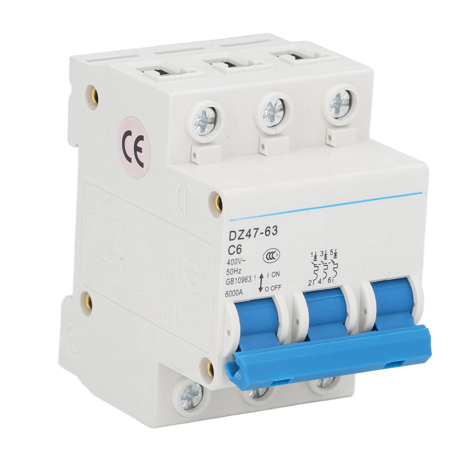 Modularer 3-poliger 6-a-leistungsschalter, 400 V, 6000 A, Din-schiene, Pa66-gehäuse, Hohes Abschaltvermögen, Schutzschaltung