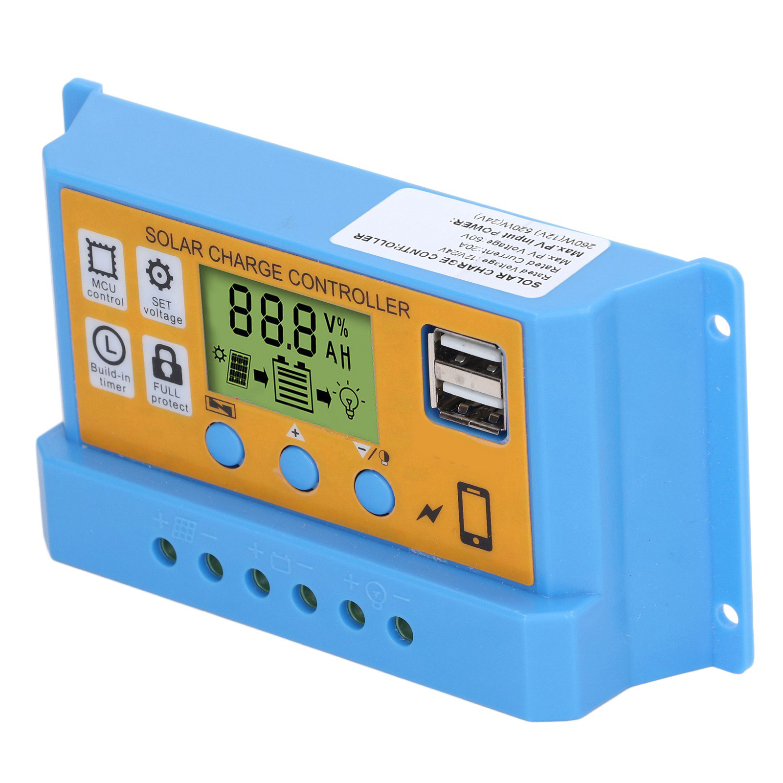 Intelligenter Solarladeregler (12 V/24 V, 20 A), Photovoltaik-modulregler Mit Digitalanzeige, 260 W (12 V) / 520 W (24 V), Batterieregler Mit Led-anzeige