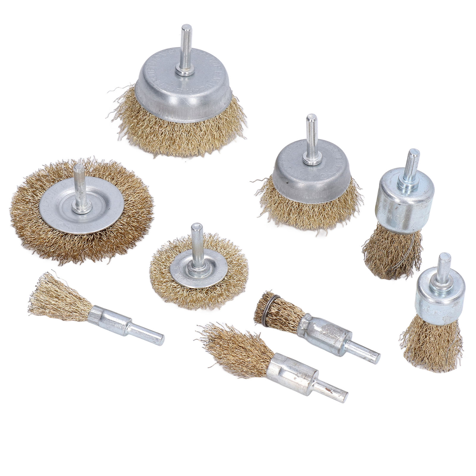 Set Aus 9 Rotierenden Bürsten Aus Edelstahl Und Messing Zum Abbeizen, Reinigen Und Entfernen Von Rost Auf Metall Und Verschiedenen Oberflächen.