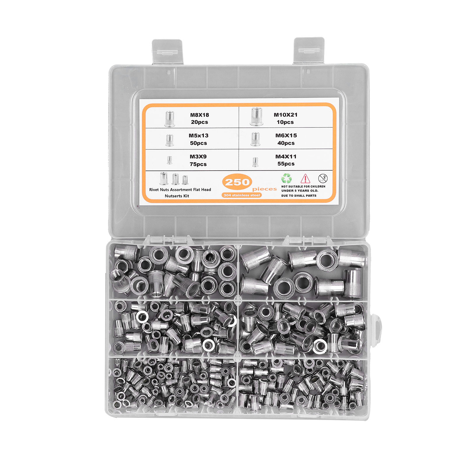 Flachkopfnietmuttern Aus Edelstahl 304, Packung Mit 250 Stück M3 M4 M5 M6 M8 M10, Gewindeeinsätze Zur Befestigung, Robustes Und Widerstandsfähiges Sortiment.