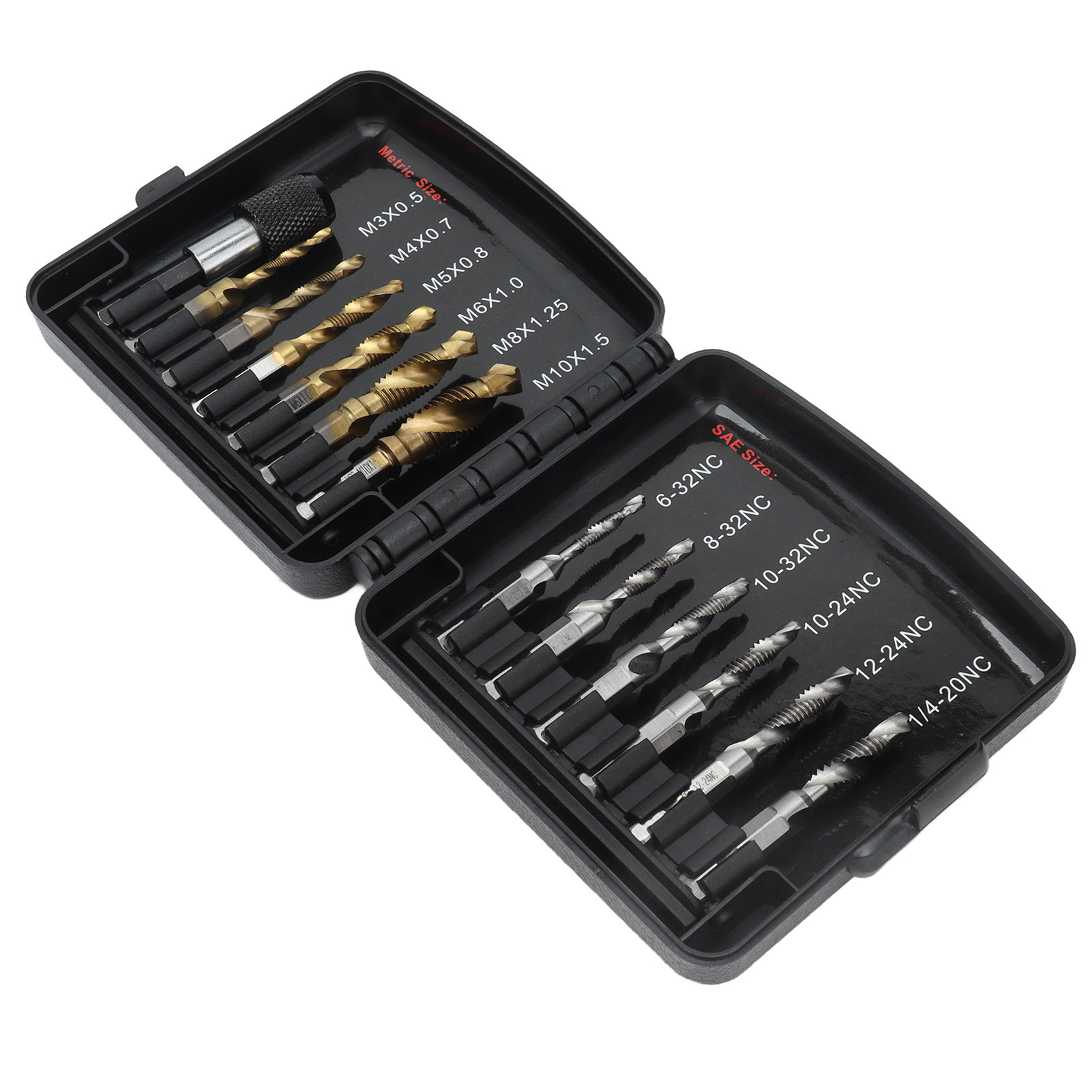 Hss-kombinationsbohrer- Und Gewindebohrer-set (metrisch), Titanbeschichtet, 1/4"-schnellwechseladapter, Us-system, Komplettset