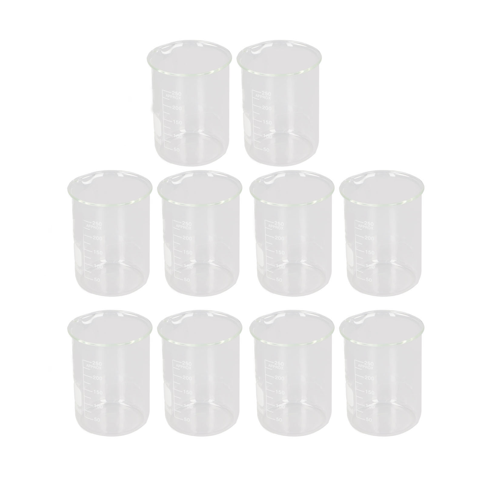 Set Aus 10 Borosilikatglasbechern 250 Ml, Transparent, Graduiert, Großes Fassungsvermögen, Laborausrüstung Für Wissenschaftliche Experimente.