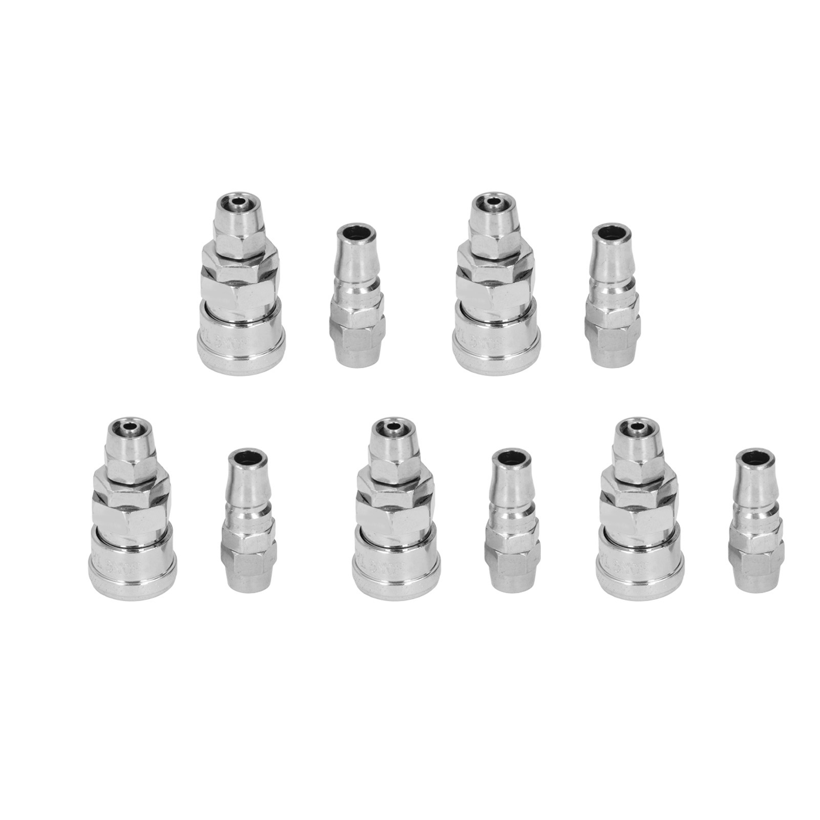 Set Aus 5 Pneumatischen Schnellkupplungen Aus Vernickeltem Edelstahl, Kupplung Und Stecker Sp+pp-20, Luftanschluss Für 5x8 Mm Schlauch, Industrielles Befestigungsset.