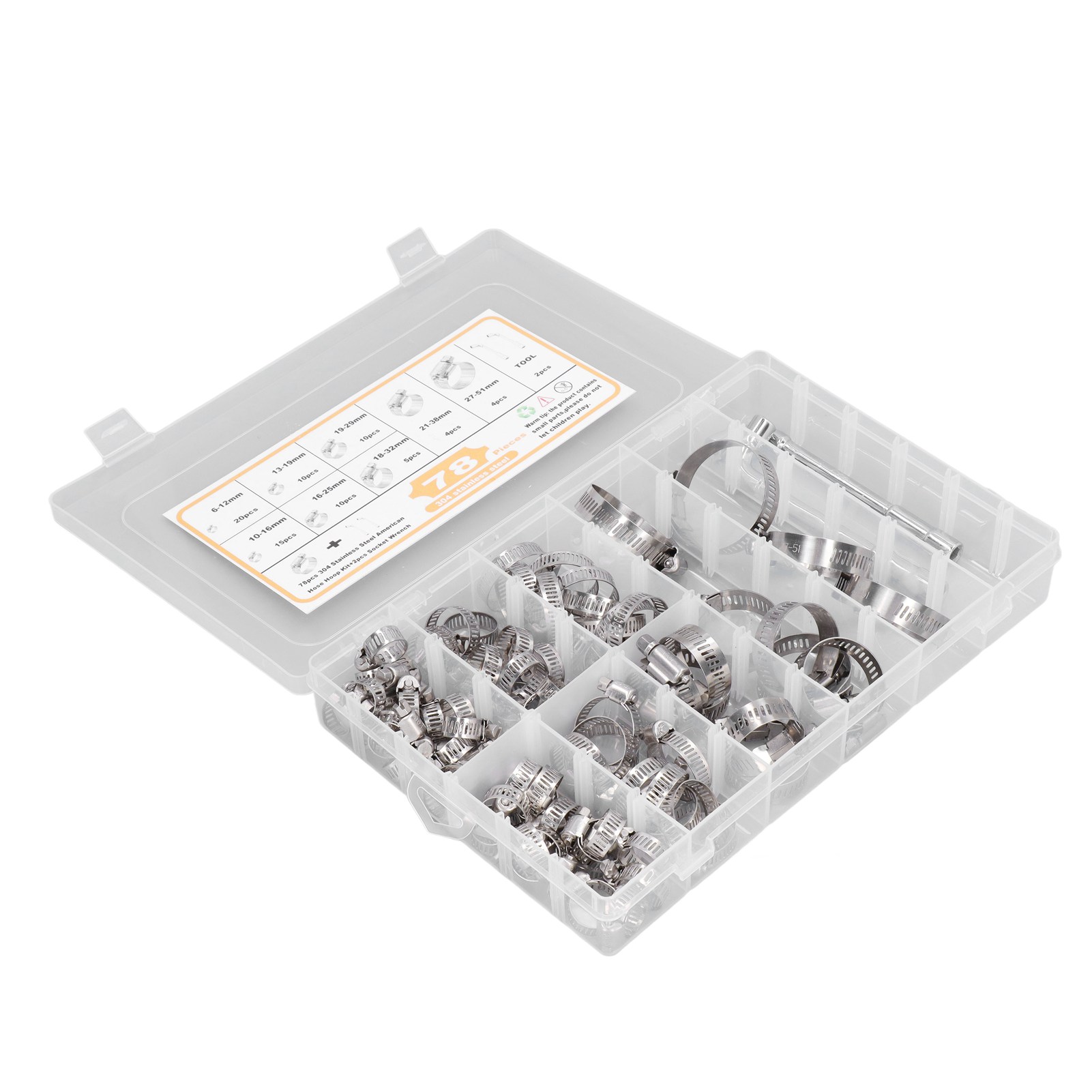 Set Mit 78 Schlauchschellen, 6–51 Mm, 8 Ausführungen, Edelstahl, Zubehörset Für Rohre Und Schläuche