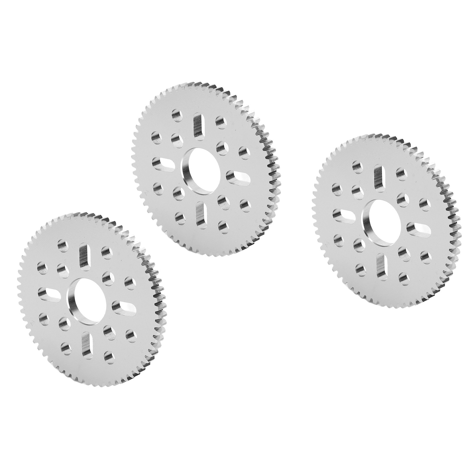 Satz Aus 3 Geraden Zahnrädern Mit Geraden Zähnen, 4 Langlöchern Und 12 Rundlöchern, Modul 0,8, Mittenbohrung 14 Mm, Dicke 4 Mm, Robuster Stahl.
