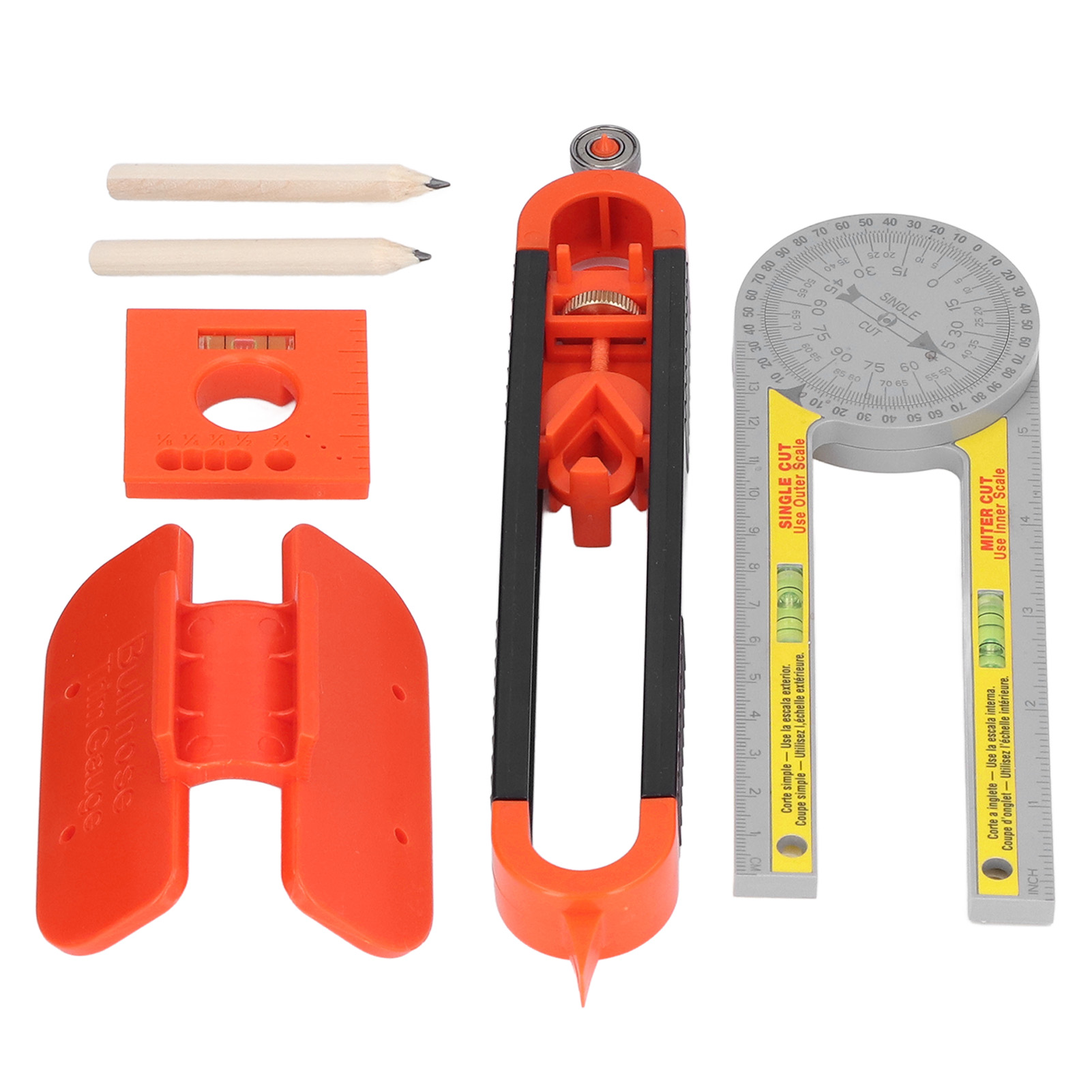 Set Mit 6 Markierungswerkzeugen, Winkelmesser, Messlineal, Bleistift Und Wasserwaage