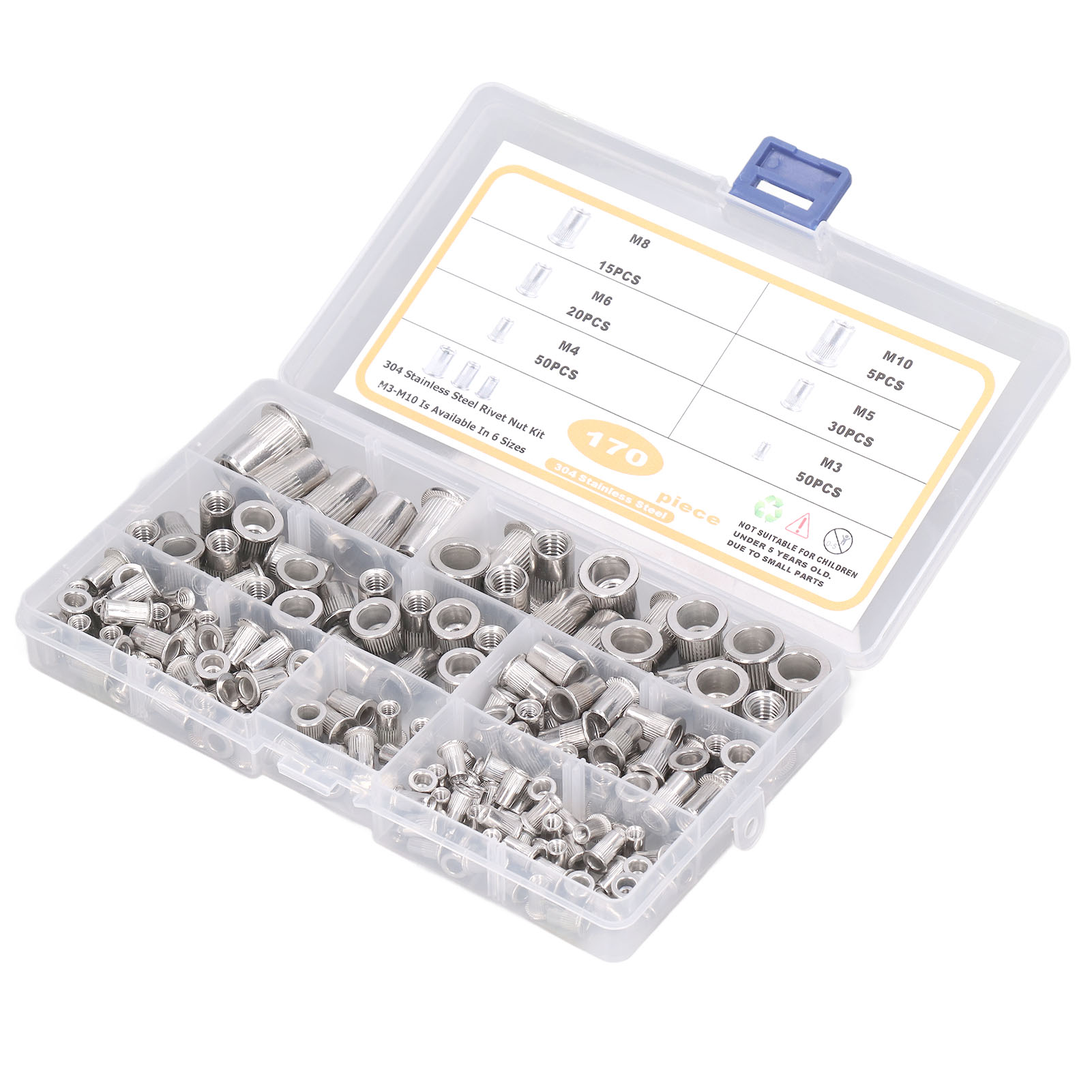 Nietmuttern M3–m10 Aus Edelstahl 304, Flachkopf, Gewinde, Packung Mit 170 Stück, Robust Und Langlebig