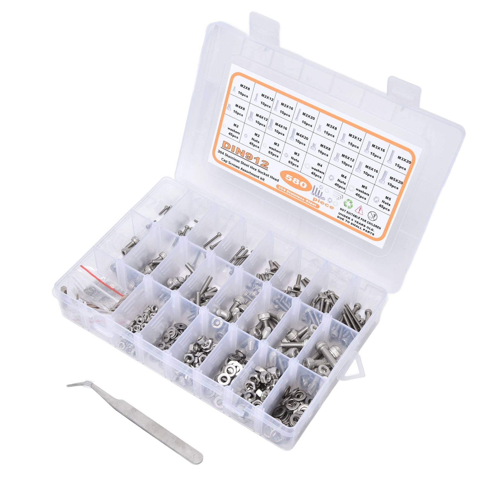 580-teiliges Set Aus Schrauben, Muttern Und Unterlegscheiben, Edelstahl 304, Hohler Sechseckiger Zylinderkopf, Schrauben Für Heimwerker.