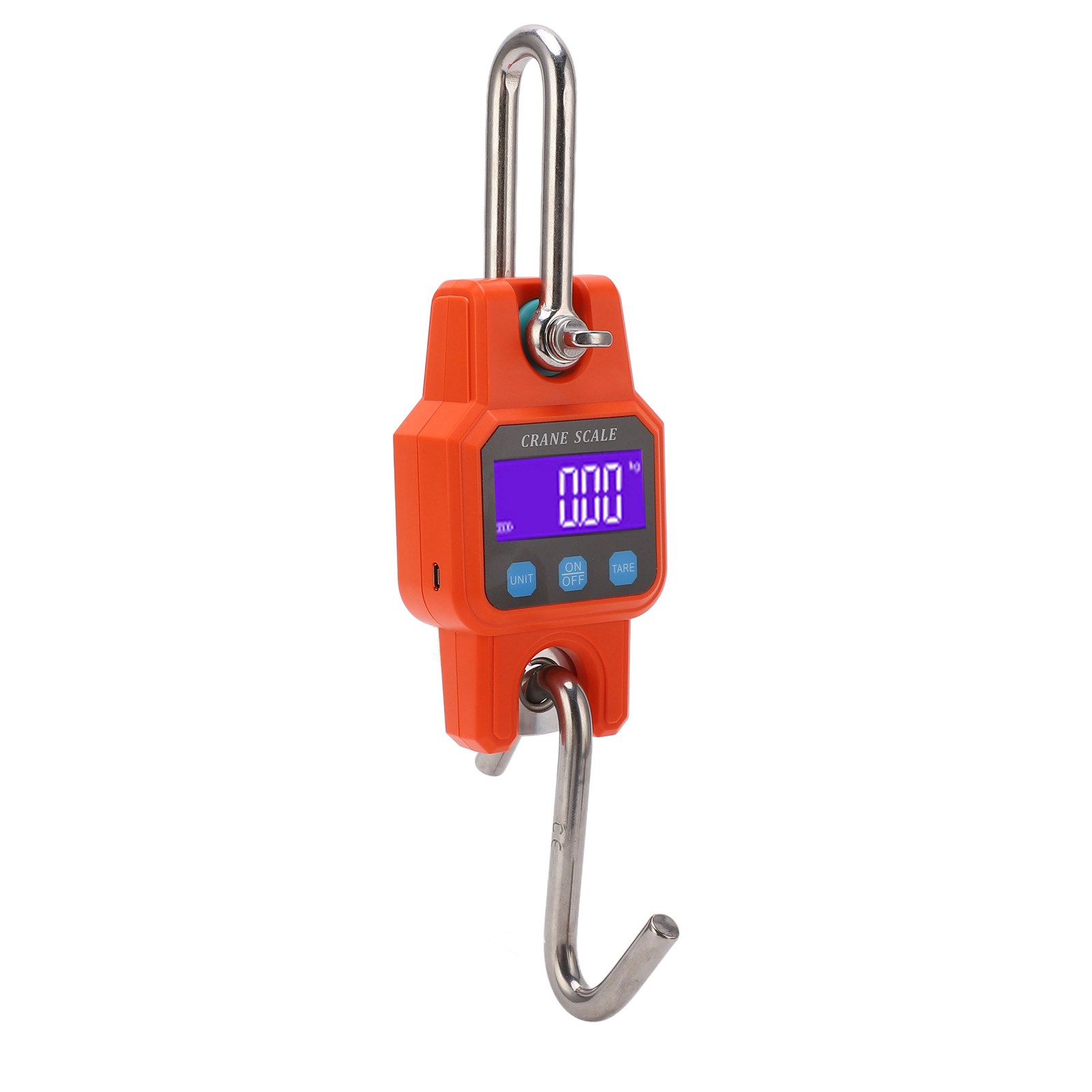 Digitale Waage Bis 300 Kg Mit Hintergrundbeleuchtetem Display, Hebehaken, Orangefarbenes Industriegerät Für Lagerhallen, Präzise Hängewaage.