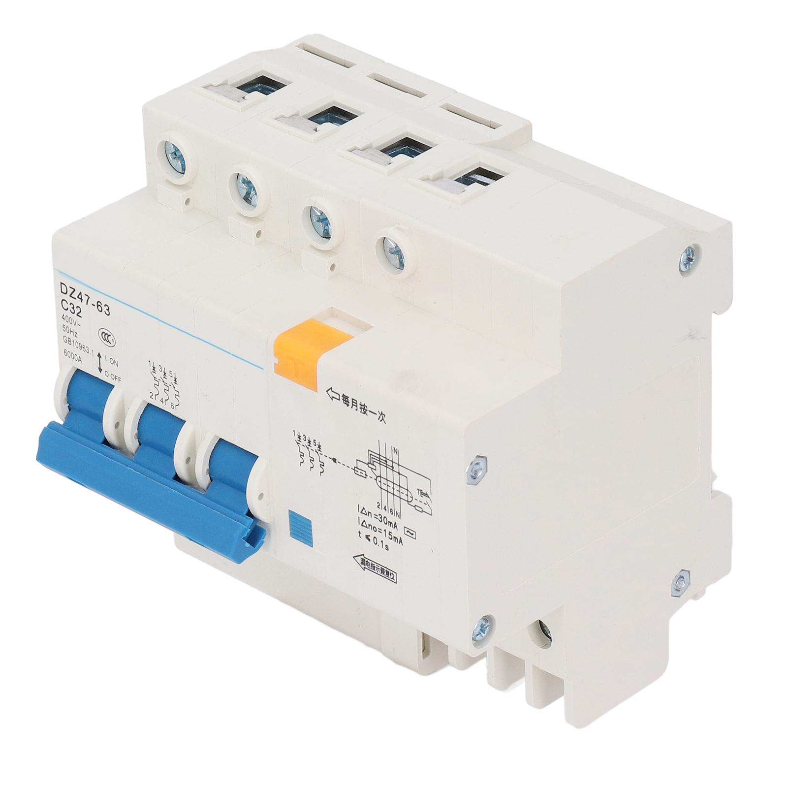 Modularer Leitungsschutzschalter 32a 3p+n, Abschaltvermögen 6ka, Ac 400v Stromkreisschutz, Dreiphasiger Automatischer Schalter Mit Neutralleiter, 3 Pole Und Neutralleiter, 6000a, Für Elektrische Schal