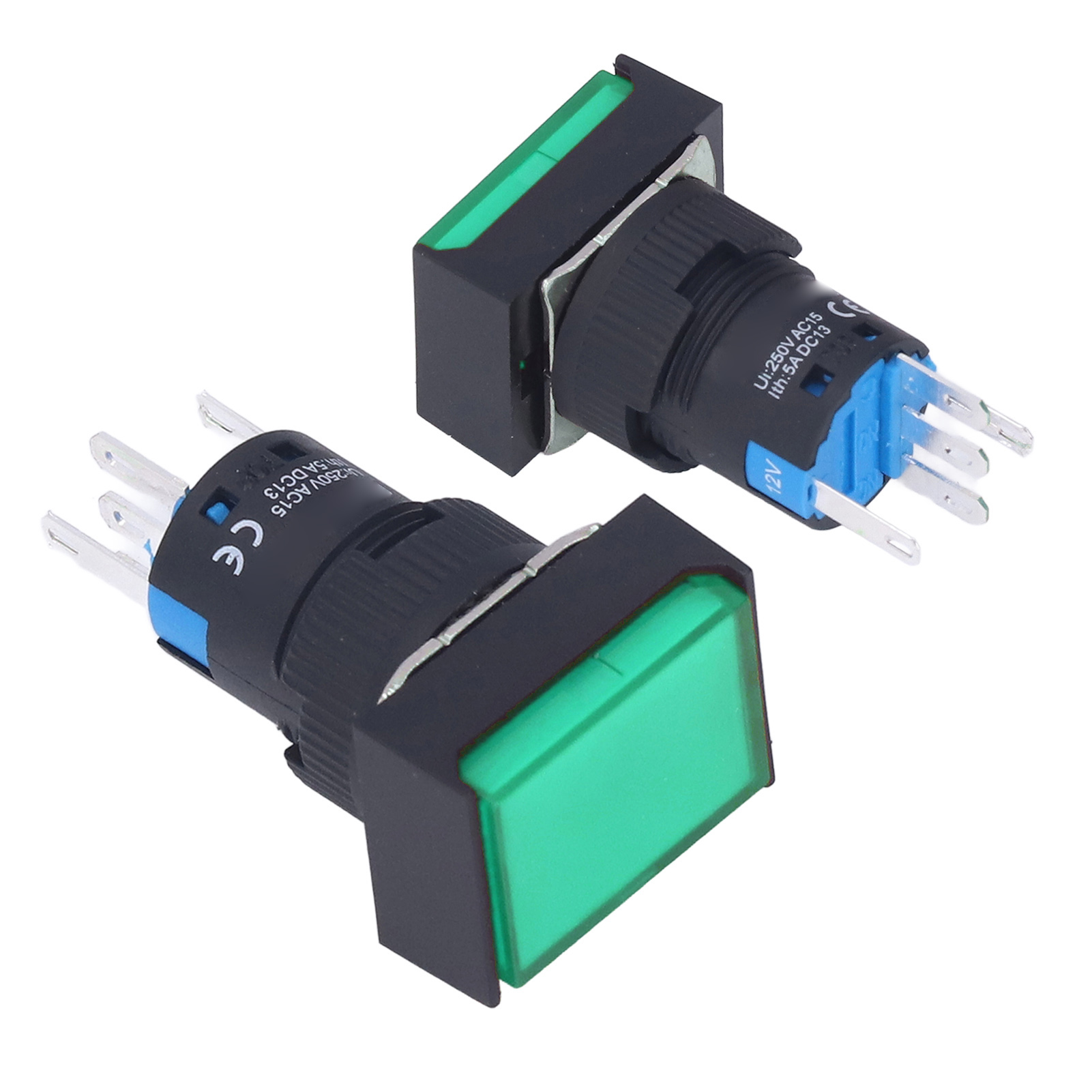 12v Selbstverriegelnder Beleuchteter Drucktaster, 16mm Rechteckig, Grün, Packung Mit 25 Momenttastern Mit Led-anzeige.