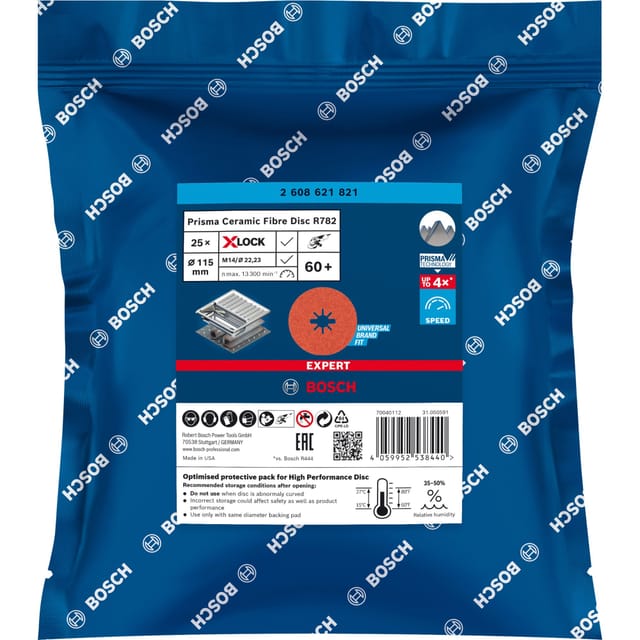 Bosch EXPERT R782 Prisma Ceramic X-LOCK Fiberscheibe 115mm 22,23mm G 60 für Winkelschleifer mit X-LOCK und mit Spannmutter