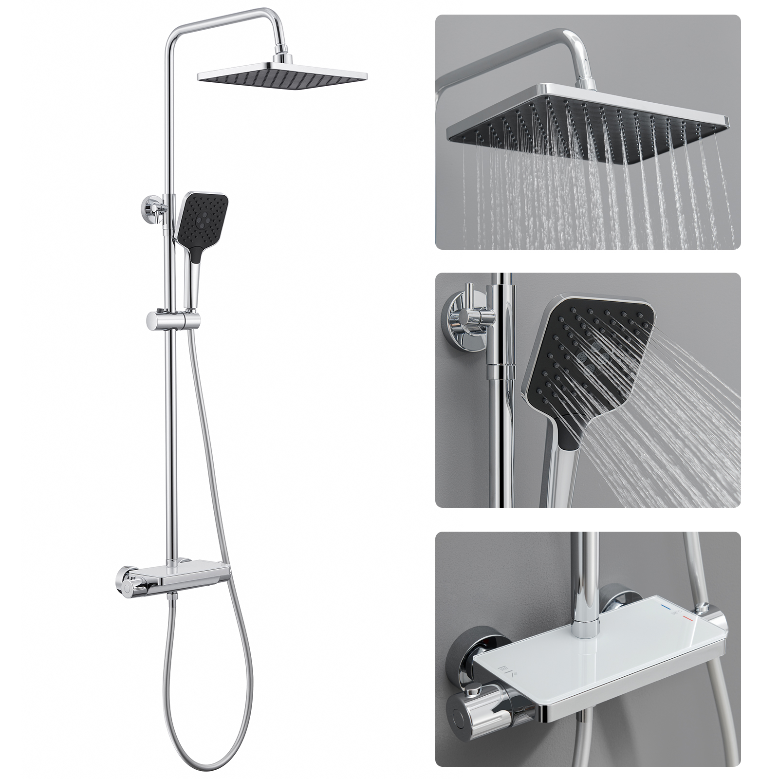 Auralum Max Duschsystem Duschsystem Mit Thermostat Duscharmatur Duschset Dusch Handbrause, Höhe 12.6 Cm, 3 Strahlarten, Mit Aufbewahrungstisch Aus Glas, Chrom