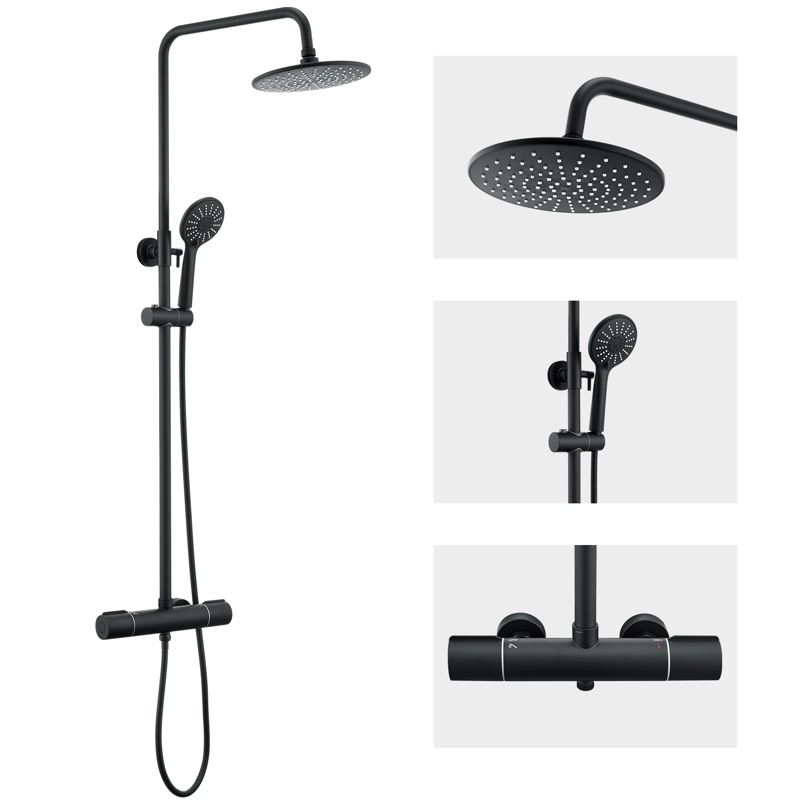 Auralum Max Duschsystem Mit Thermostat Duschset Regendusche Duscharmatur Duschsäule Dusche, Edelstahl 9 Zoll Regenduschkopf, Mit 3 Strahlarten Handbrause,höhenverstellbar Schwarz