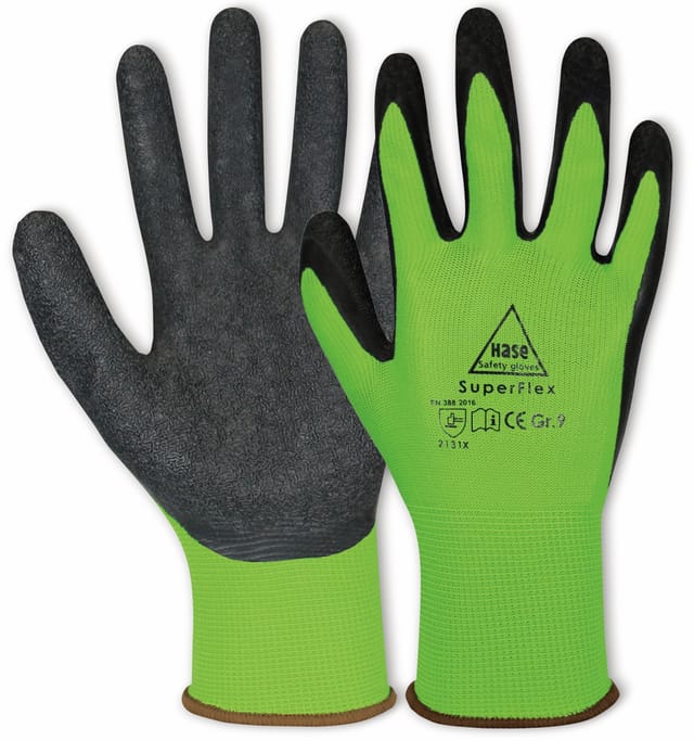 Hase 5-Fg.-Sicherheitshandschuhe SUPERFLEX green, Polyamid/Latex, Größe 7