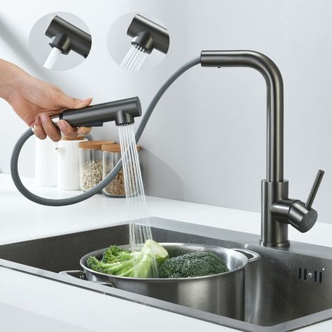 Cecipa Mitigeur Cuisine Avec Douchette Extractible Robinet Cuisine Avec 2 Types De Jets Mitigeur Évier En Acier Inoxydable, Rotatif 360°, Gris Noir