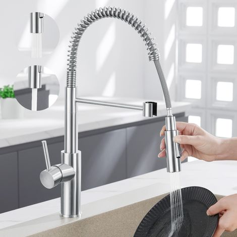Cecipa Mitigeur De Cuisine Avec Douchette Extractible - Robinet De Cuisine À Ressort Avec 2 Modes De Sortie D'Eau - Robinet À Ressort Brossé En Acier Inoxydable 304