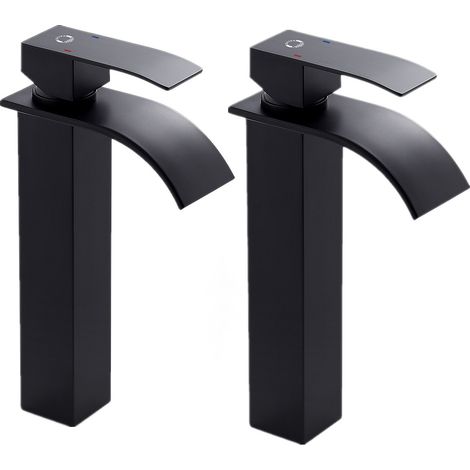 2pcs Cecipa Noir Robinet Cascade Avec Haut Bec Mitigeur Lavabo Haut Mono-trou Robinetterie Lave-mains Avec Levier Unique En Cuivre Mélangeur L'Eau Chaude Et Froide Pour Salle De Bain