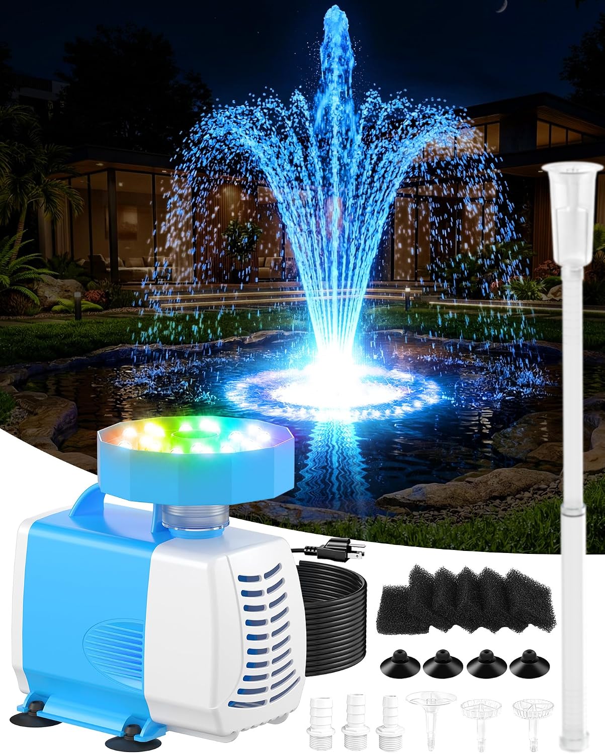 3-in-1 Gartenbrunnenpumpe Mit Filter, Teichbrunnen 2026 Mit Rgb-beleuchtung, 3000 L/h, Teichfilter Mit 3 Sprühmodi, Teichpumpe Für Aquarium Und Garten