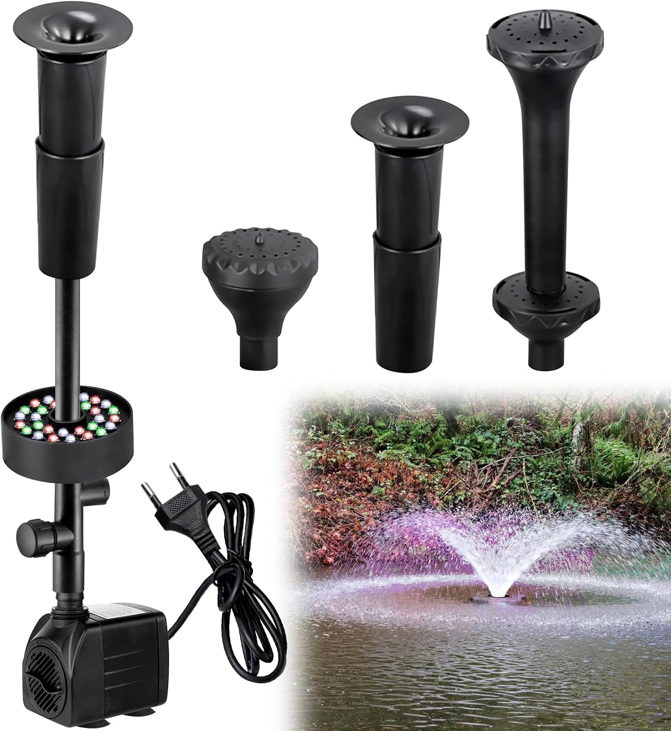 25-w-außenbrunnenpumpe: 2000 L/h Mehrfarbige Gartenbrunnenpumpe Mit Led-beleuchtung, Teichpumpe Mit Integrierter Beleuchtung, Aquariumwasserpumpe Für Wasserdekoration Und
