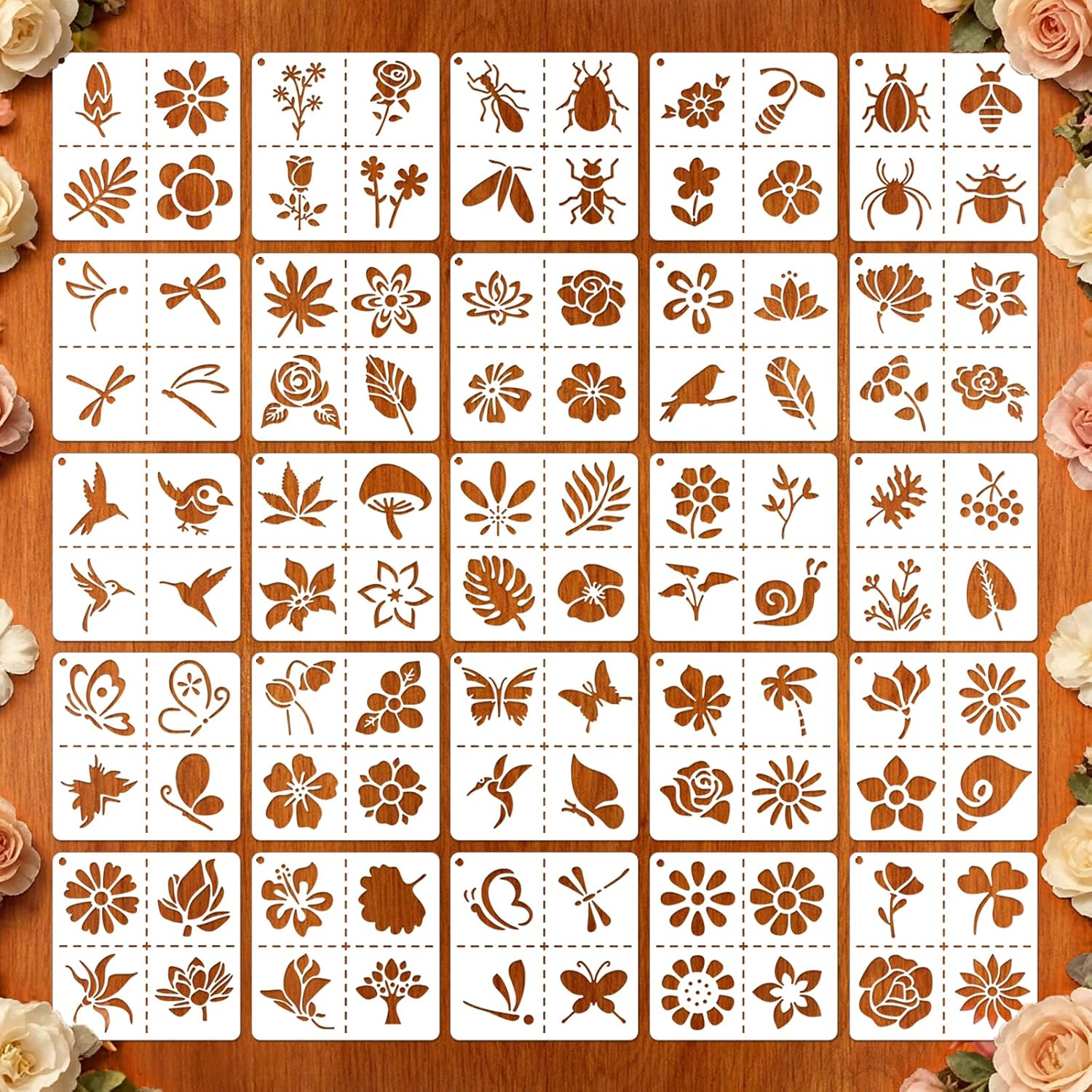 25-teiliges Blumenschablonen-set, Malschablonen, Textilschablonen, Wiederverwendbare Kunststoffschablonen Für Wanddekoration, Holz, Stoff Und Bastelarbeiten, 10,16 X 10,16 Cm