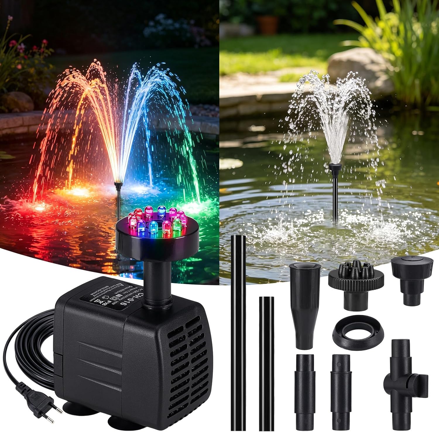 Extrem Leise 800 L/h Rgb-led-aquarienbrunnenpumpe, 16-w-tauchpumpe Mit 3 Düsen Und Mehrfarbiger Beleuchtung, Einstellbare Durchflussrate Für Aquarium, Teich, Brunnen Und Wasserspiele
