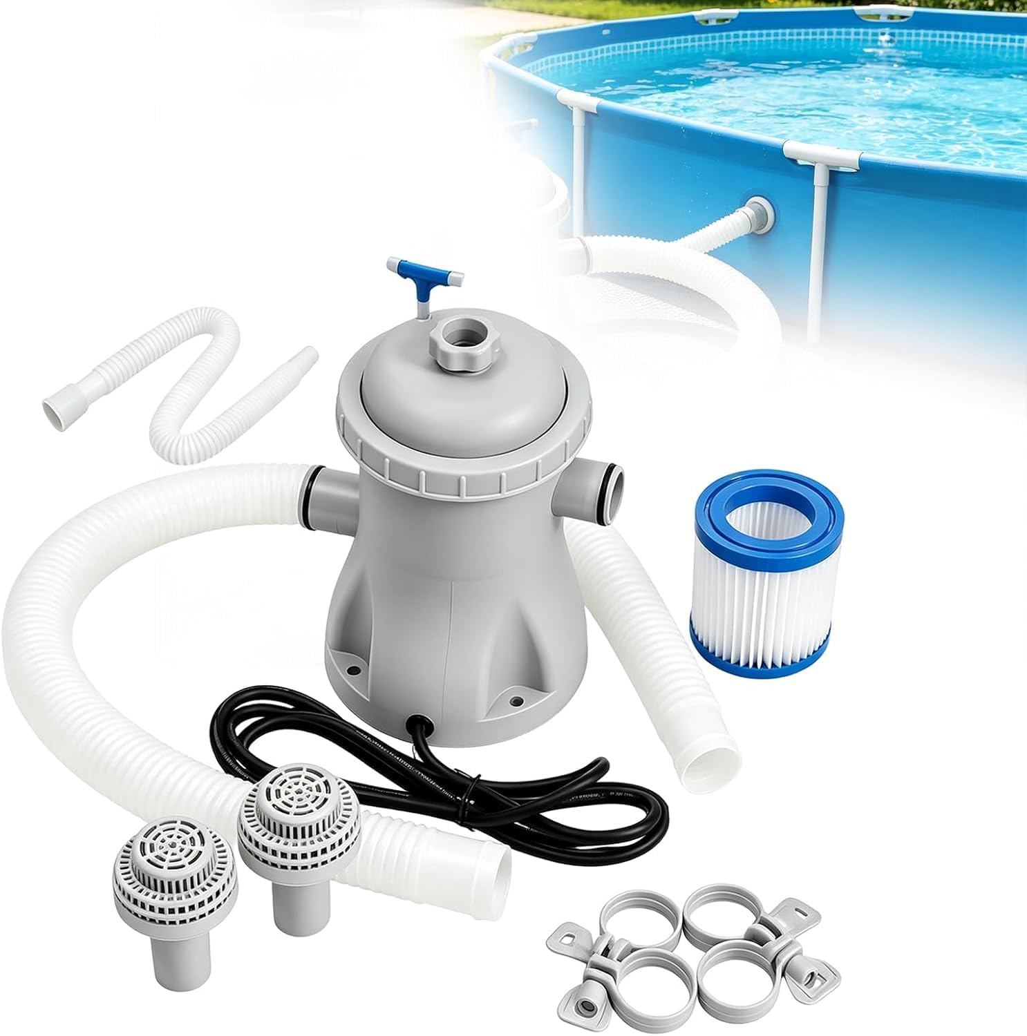 Aufstellpool-filterpumpe Mit Elektrischem Kartuschenfilter, Elektrischer Wasserpumpe Für Planschbecken, Ersatzfilter Und Geräuscharmer Zirkulation, Komplettes Aufblasbares Pumpenset
