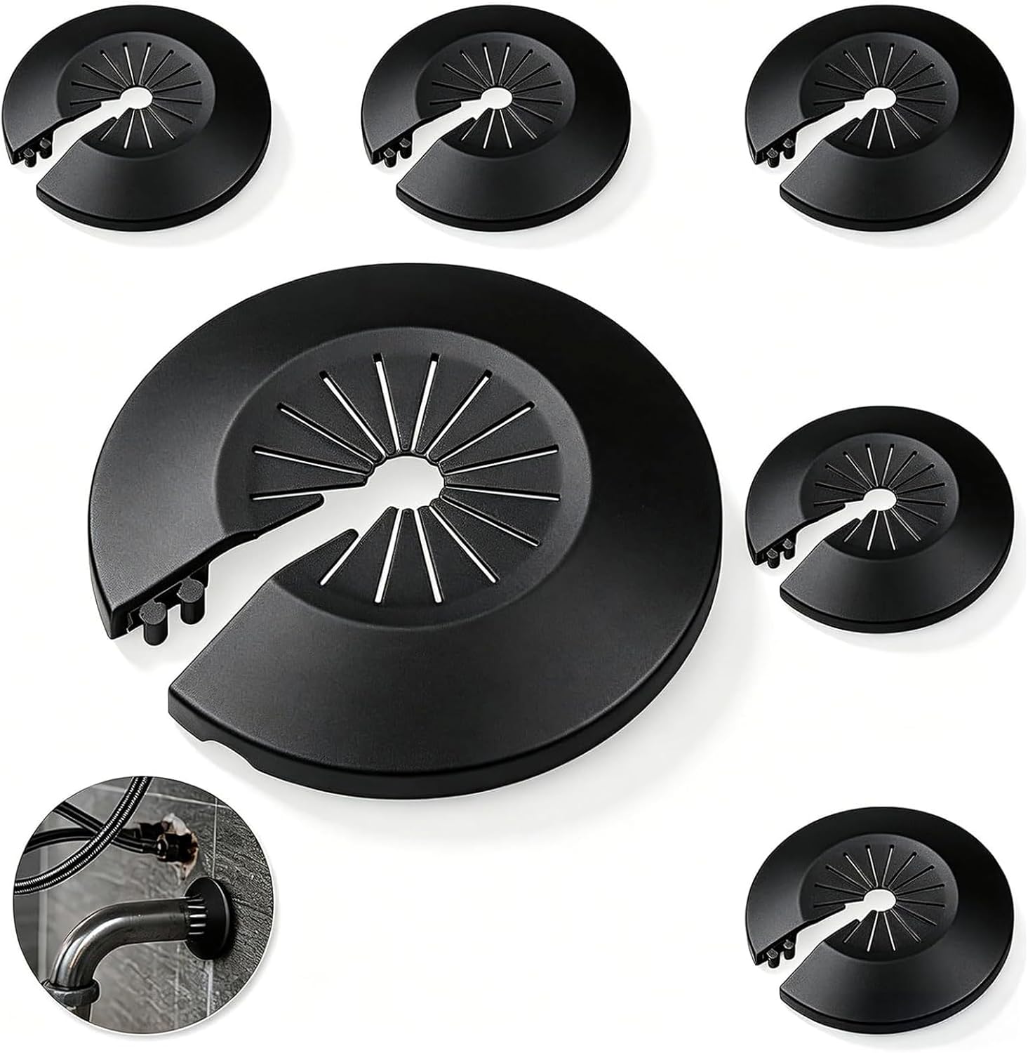 Set Mit 6 Flexiblen Clip-aufsteckrosetten Für Heizkörperrohre, Wasserleitungen, Wand- Und Bodenleitungen, Universell, 14–29 Mm, Schwarz