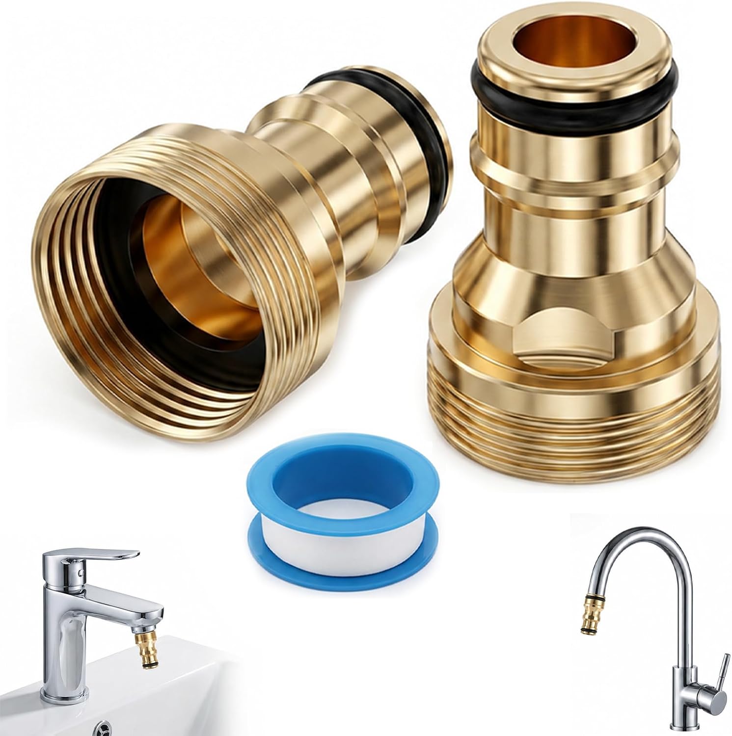 Stück Messing-schlauchanschlussadapter, Universeller Schnellanschluss 22 Mm/24 Mm Mit Ptfe-band, Küchen-, Badezimmer- Und Gartenarmaturanschluss