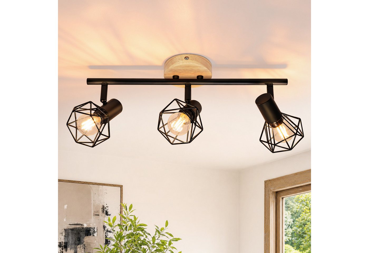 Nettlife Deckenstrahler Retro schwarz 1/2/3/4flammig Holz E14 industrieller Vintage Deckenspot, ohne Leuchtmittel, für Flur Küche Wohnzimmer Retro Deckenleuchte Schlafzimmer