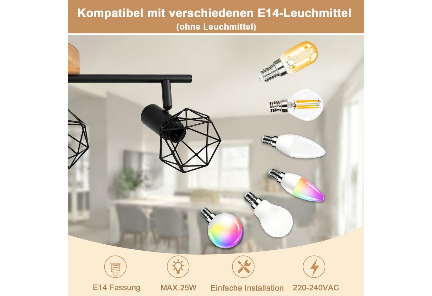 Nettlife Deckenstrahler Retro schwarz 1/2/3/4flammig Holz E14 industrieller Vintage Deckenspot, ohne Leuchtmittel, für Flur Küche Wohnzimmer Retro Deckenleuchte Schlafzimmer Bild 5