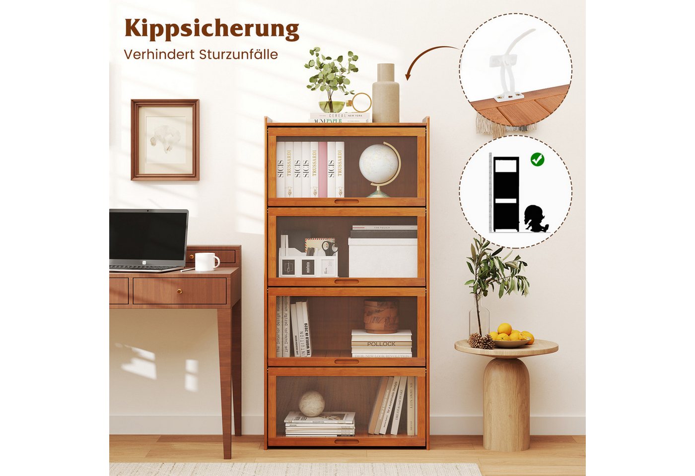 COSTWAY Bücherregal, mit Acryltüren, Vitrinenschrank Bambus mit 4 Fächern