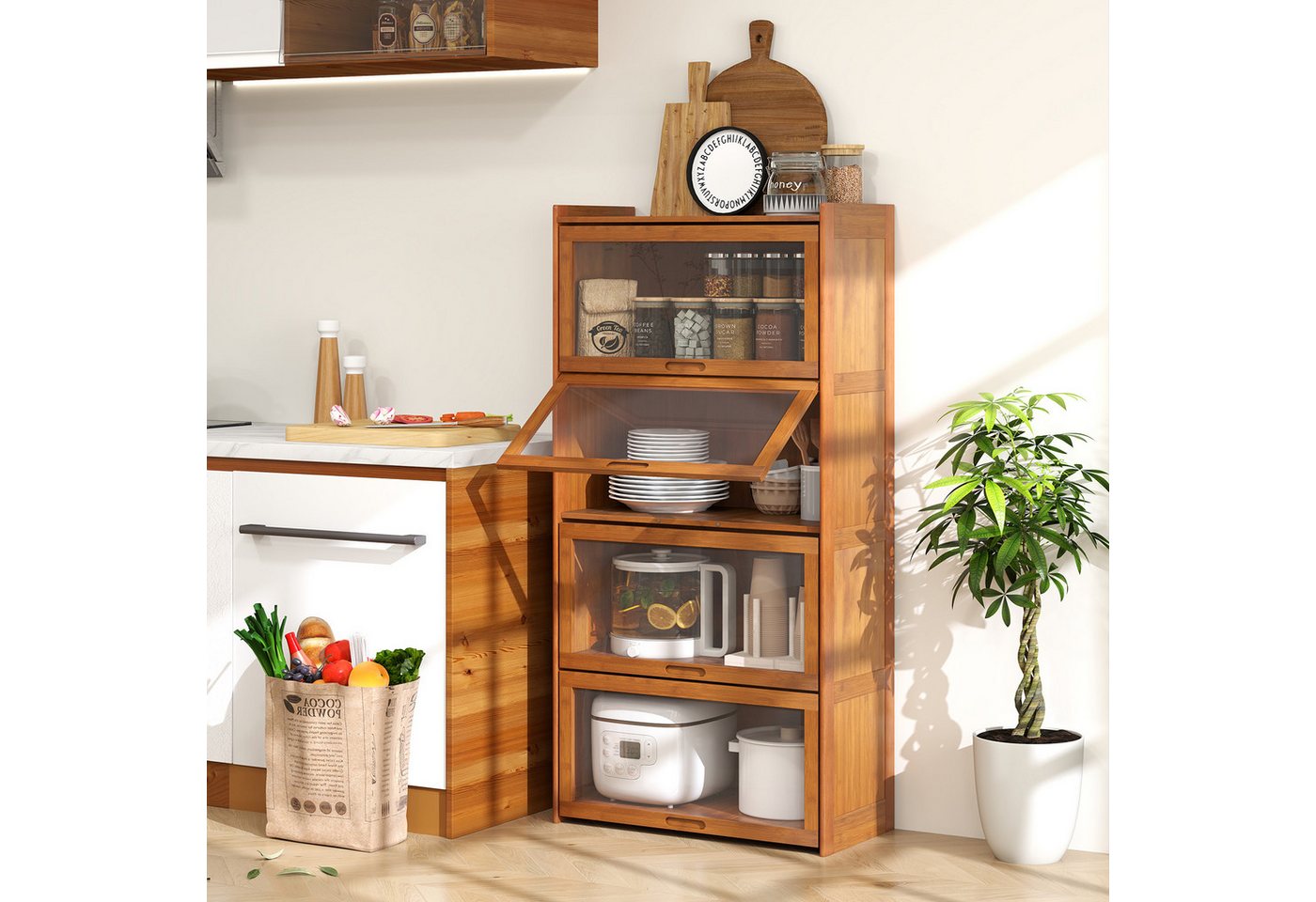 COSTWAY Bücherregal, mit Acryltüren, Vitrinenschrank Bambus mit 4 Fächern Bild 2