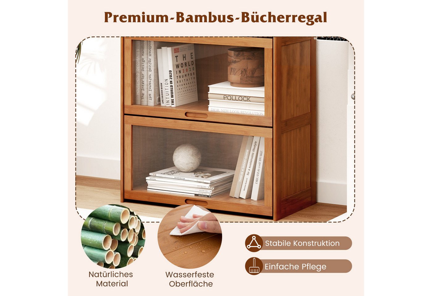 COSTWAY Bücherregal, mit Acryltüren, Vitrinenschrank Bambus mit 4 Fächern Bild 4