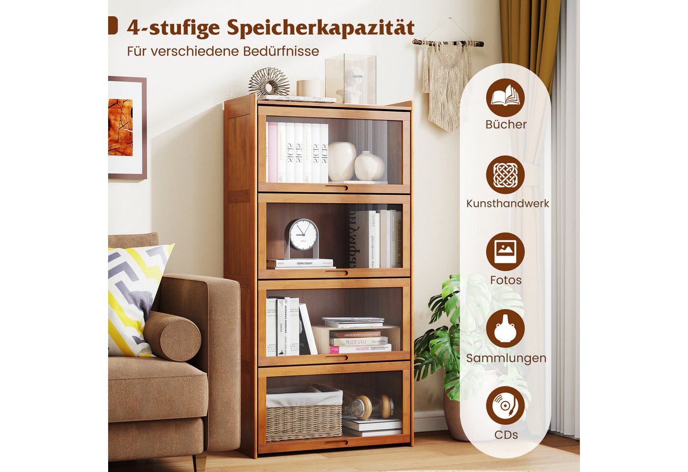 COSTWAY Bücherregal, mit Acryltüren, Vitrinenschrank Bambus mit 4 Fächern Bild 5