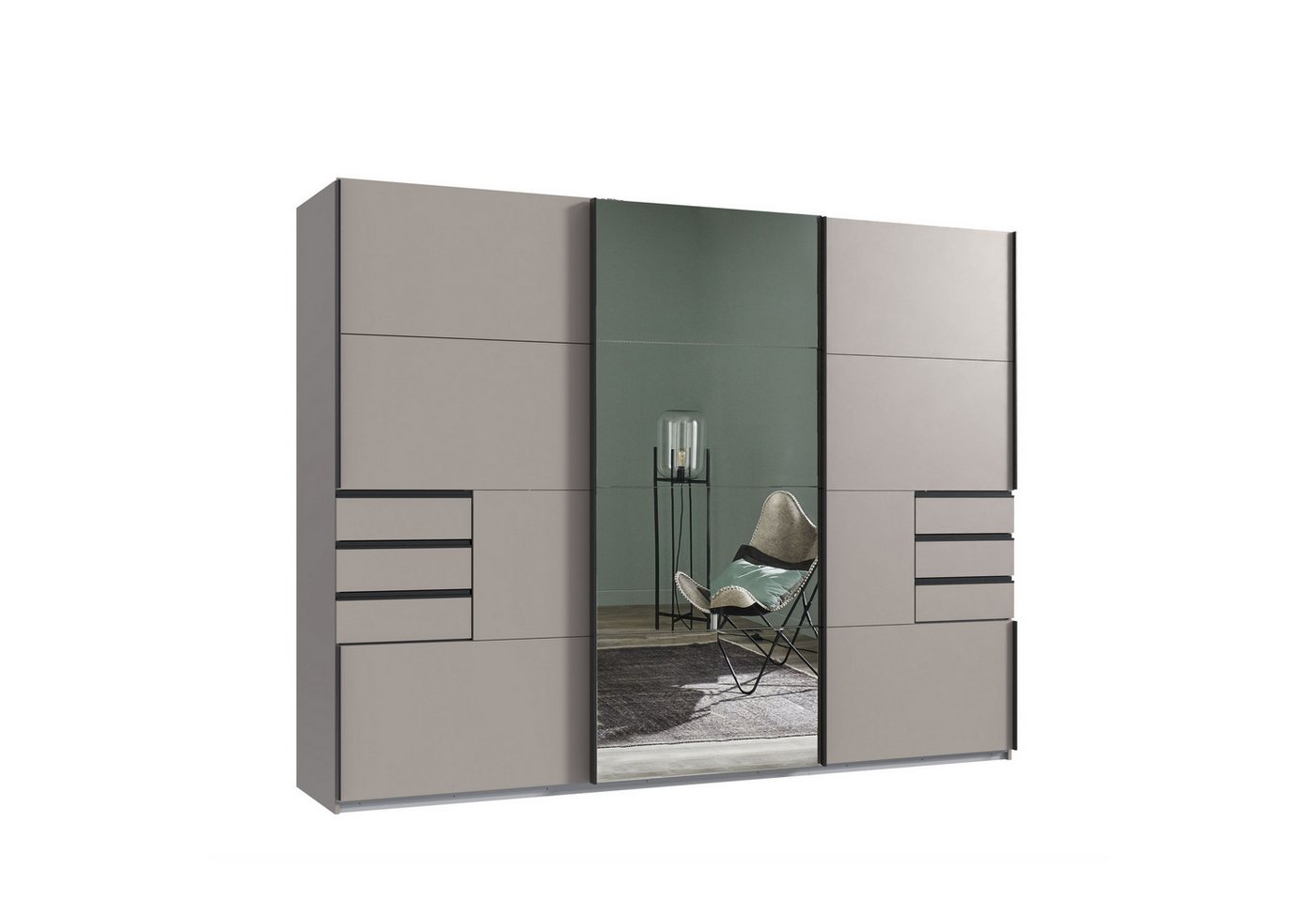 luma-home Schwebetürenschrank 22615 (B270/H208/T64 cm Kleiderschrank mit Vollausstattung, schwarze Griffleisten) in Sandgrau, 6 sichtbare Schubladen, Mitteltür Spiegelfront Bild 2