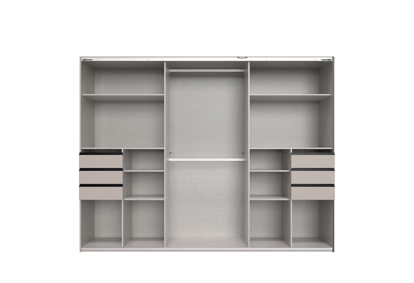 luma-home Schwebetürenschrank 22615 (B270/H208/T64 cm Kleiderschrank mit Vollausstattung, schwarze Griffleisten) in Sandgrau, 6 sichtbare Schubladen, Mitteltür Spiegelfront Bild 3