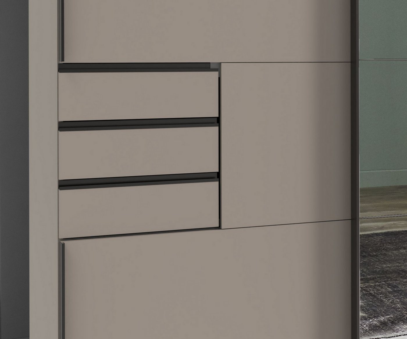 luma-home Schwebetürenschrank 22615 (B270/H208/T64 cm Kleiderschrank mit Vollausstattung, schwarze Griffleisten) in Sandgrau, 6 sichtbare Schubladen, Mitteltür Spiegelfront Bild 4