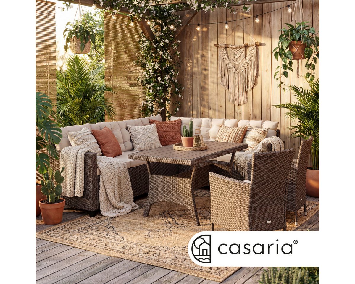 Casaria Gartenlounge-Set Lissabon, (17-tlg), Polyrattan WPC Esstisch Eckbank Gartenstühle 15cm Kissen 7cm Auflagen