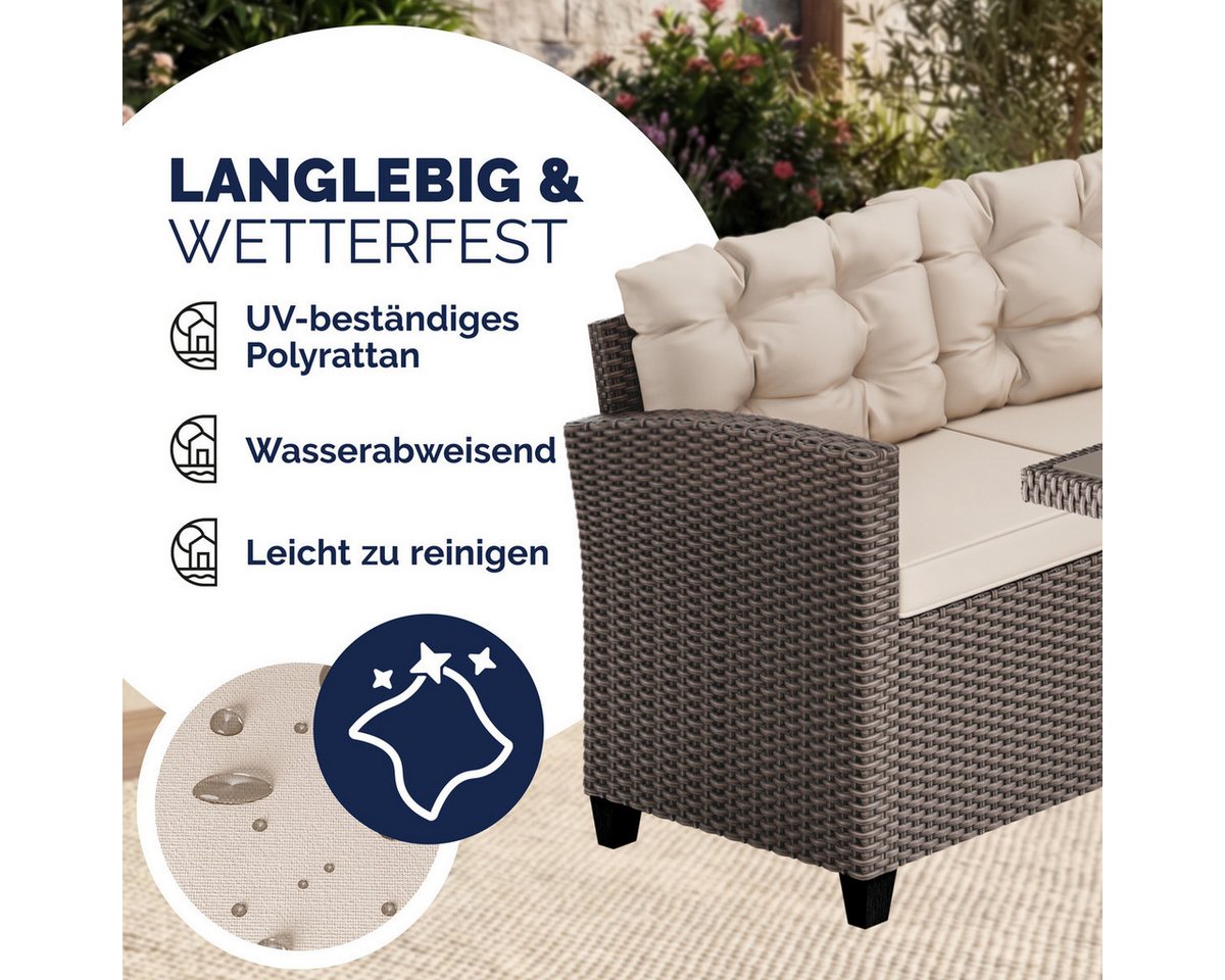 Casaria Gartenlounge-Set Lissabon, (17-tlg), Polyrattan WPC Esstisch Eckbank Gartenstühle 15cm Kissen 7cm Auflagen Bild 4