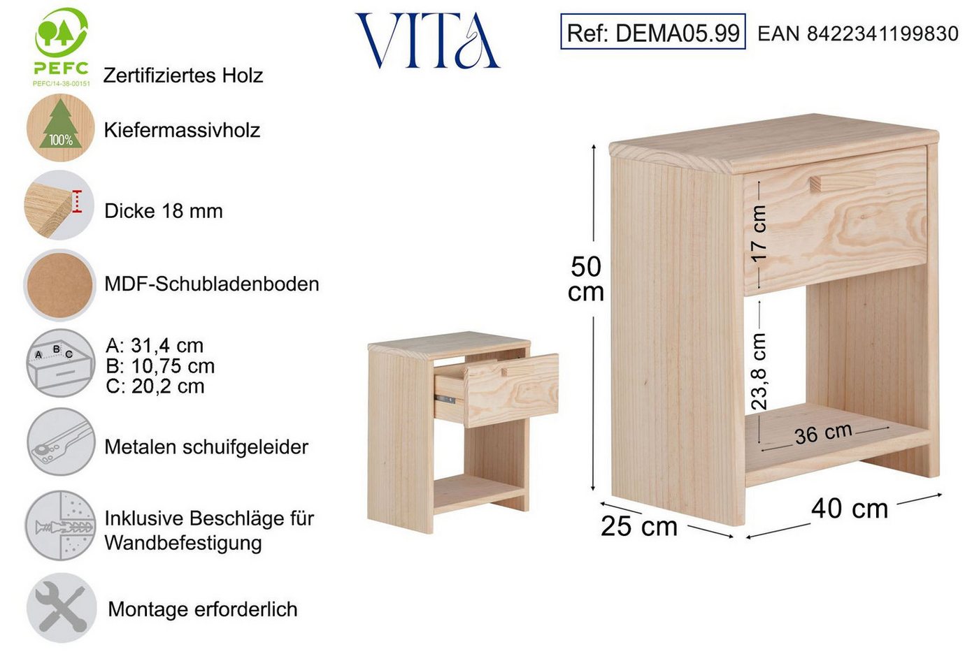 Astigarraga Kit Line Drehtürenschrank Nachttisch Kommode Beistelltisch eine Schublade, praktisch und klein Bild 4