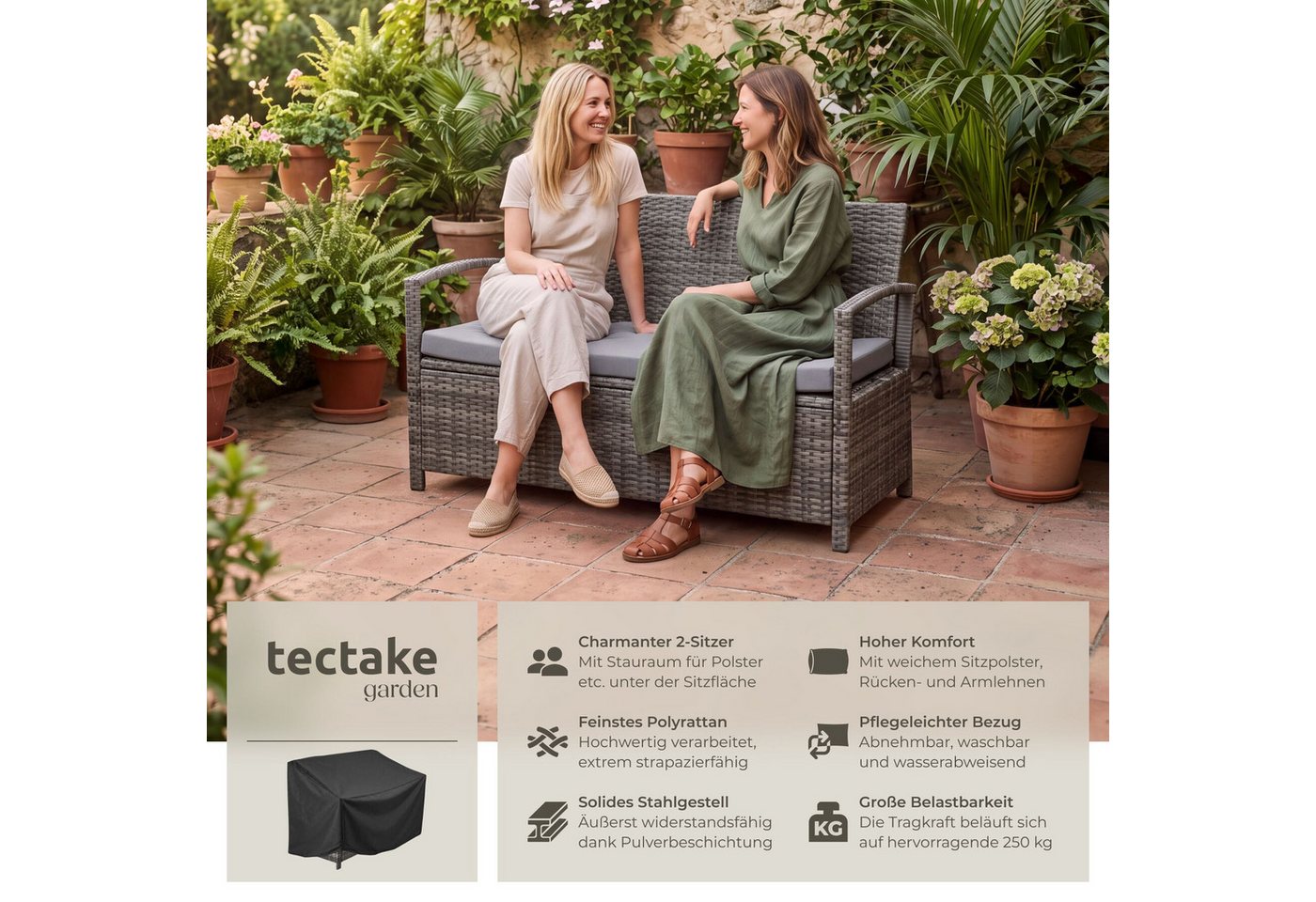 tectake Gartenbank Polyrattanbank 2-Sitzer wetterfest mit Stauraum und Schutzabdeckung (Terrassenbank Vecchia, in Grau), Belastbarkeit 250 kg, Inkl. Sitzpolster und Montagematerial
