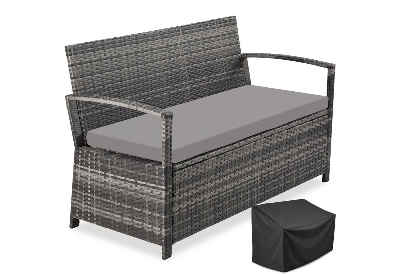tectake Gartenbank Polyrattanbank 2-Sitzer wetterfest mit Stauraum und Schutzabdeckung (Terrassenbank Vecchia, in Grau), Belastbarkeit 250 kg, Inkl. Sitzpolster und Montagematerial Bild 2