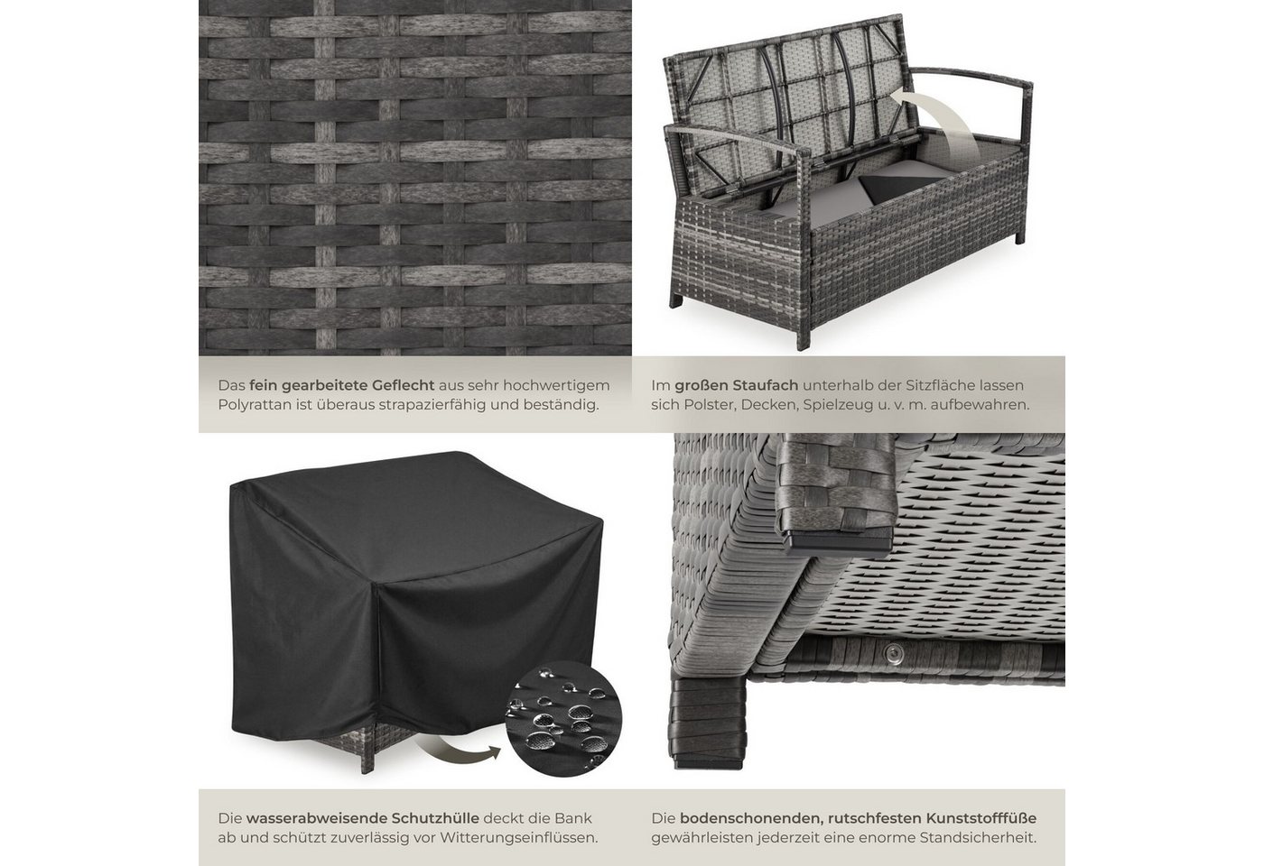 tectake Gartenbank Polyrattanbank 2-Sitzer wetterfest mit Stauraum und Schutzabdeckung (Terrassenbank Vecchia, in Grau), Belastbarkeit 250 kg, Inkl. Sitzpolster und Montagematerial Bild 3