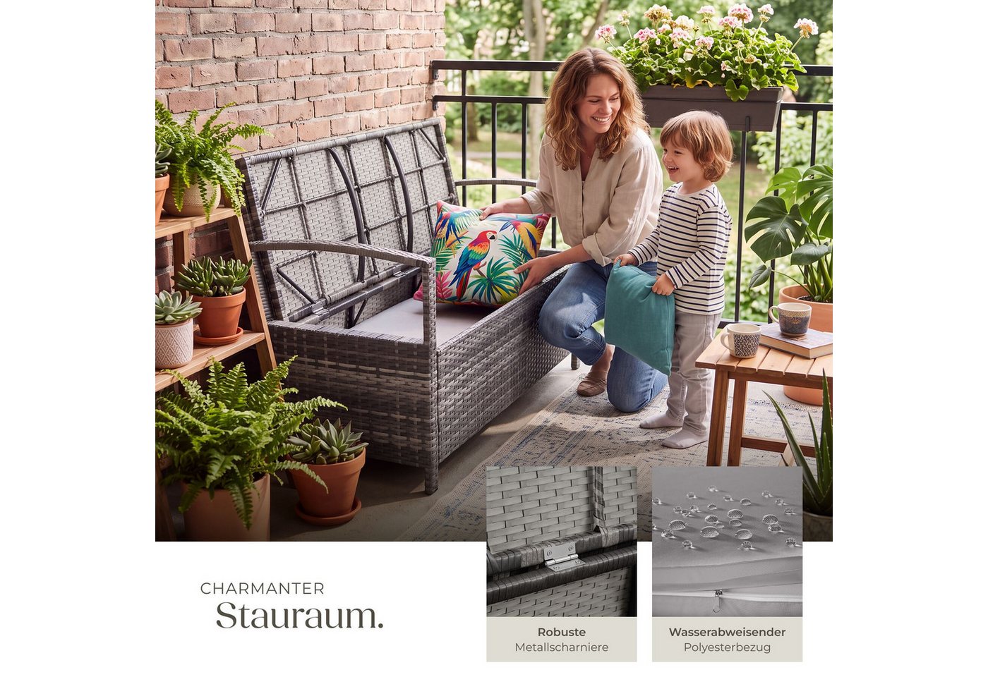 tectake Gartenbank Polyrattanbank 2-Sitzer wetterfest mit Stauraum und Schutzabdeckung (Terrassenbank Vecchia, in Grau), Belastbarkeit 250 kg, Inkl. Sitzpolster und Montagematerial Bild 4