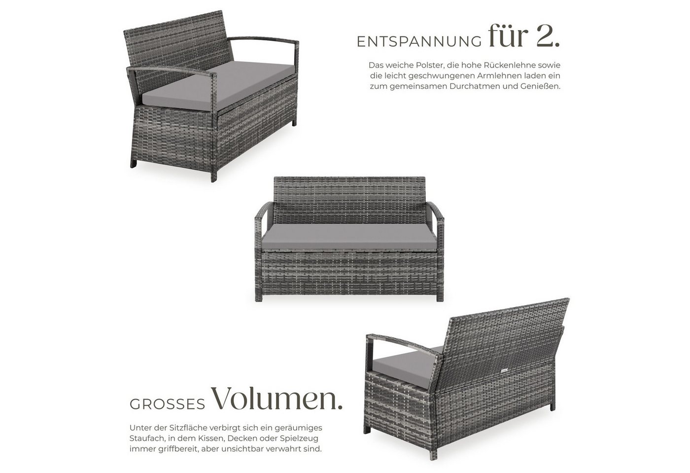 tectake Gartenbank Polyrattanbank 2-Sitzer wetterfest mit Stauraum und Schutzabdeckung (Terrassenbank Vecchia, in Grau), Belastbarkeit 250 kg, Inkl. Sitzpolster und Montagematerial Bild 5