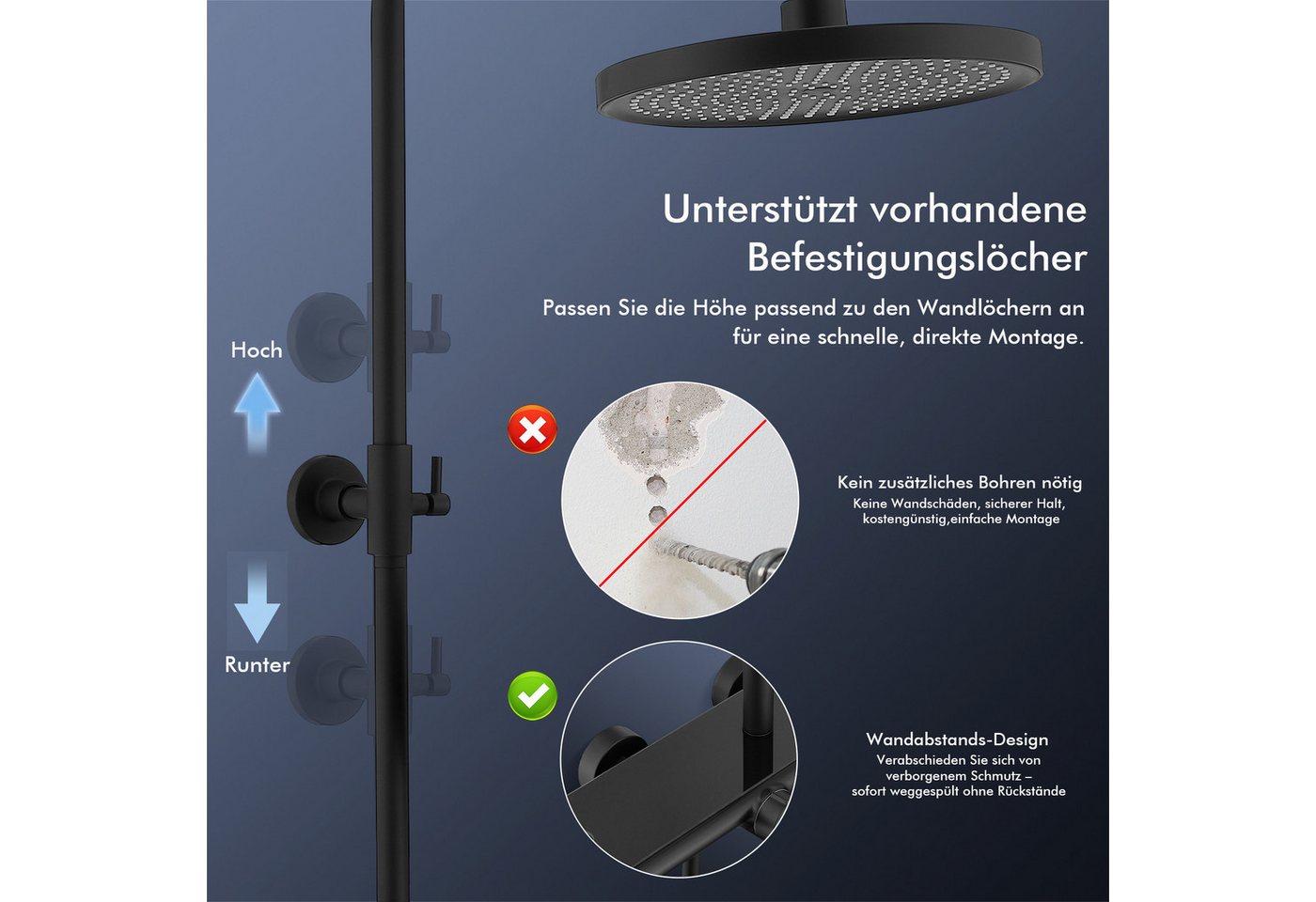 HOMELODY Duschsystem Schwarz Matt 250mm Regendusche Wasserfall Handbrause Ablage, Regendusche Duschset mit Ablage Handbrause 5 Funktionen
